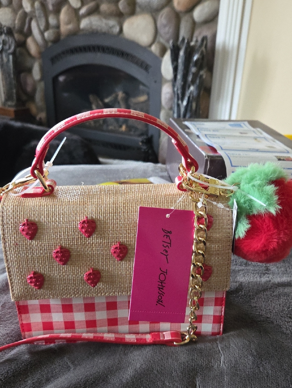 Betsey Johnson Red Pink Straw Strawberry Satchel with Pom Charm